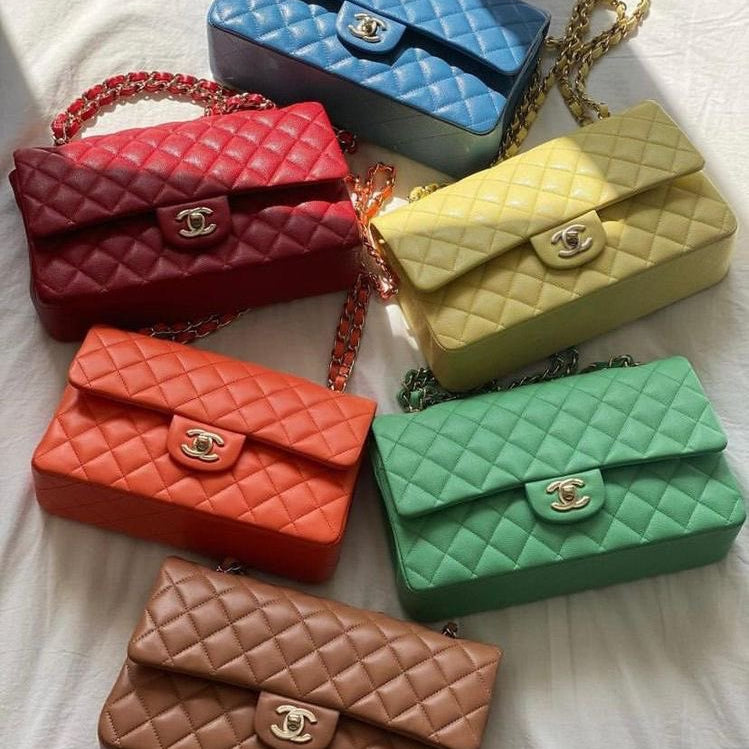 authentic preloved chanel classic double flap bags in seasonal colours, including pastel yellow, burnt orange and bright red