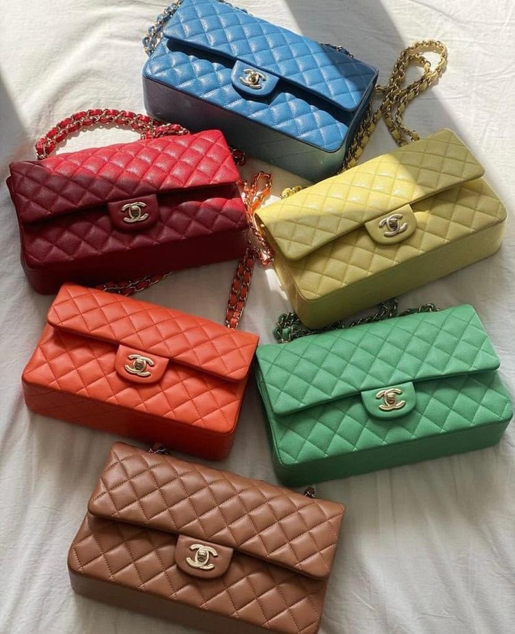 authentic preloved chanel classic double flap bags in seasonal colours, including pastel yellow, burnt orange and bright red